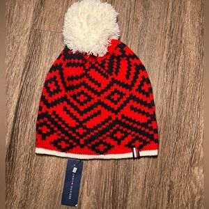 Tommy Hilfiger Womens Pom Pom Striped Knit Beanie OSFM Navy Winter White Black
